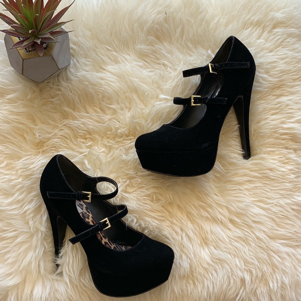 Black Suede Double Strap Stilletos
